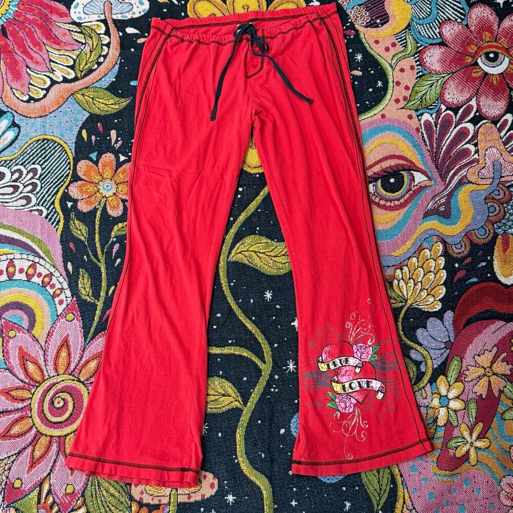 Y2k Glitter True Love Heart Rose Graphic Wide Leg Pants Grunge Bimbo Trashy L